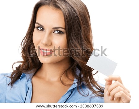Happy smiling business woman showing blank business card, isolated over white backround