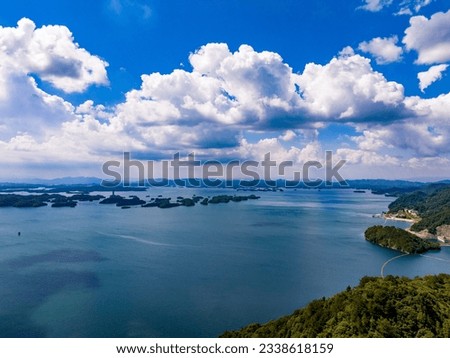 blue sky and white clouds,Aerial photography of Qiandao Lake landscape, Hangzhou, China