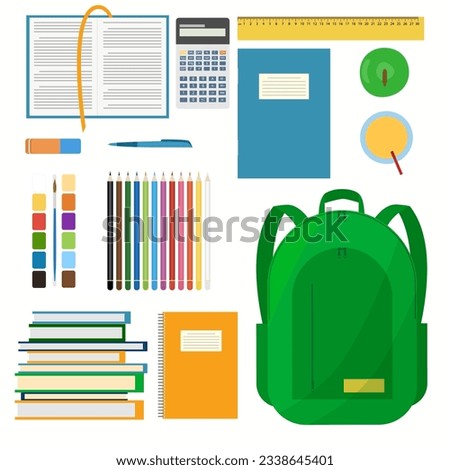 Collection of clip art with school supplies and stationery. Backpack, books. Colorful vector illustration. 