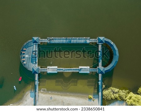 Aerial drone photo of wooden jetty on the Biezdruchowo lake in Pobiedziska 