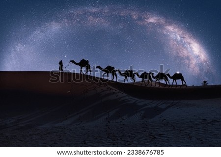 Camel caravan in the desert with milky way galaxy -  Sahara, Morrocco  Royalty-Free Stock Photo #2338676785