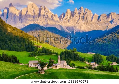 Landscape Italy Dolomites Val di Funes in summer,Val di Funes, South Tyrol, Italy Royalty-Free Stock Photo #2338690573