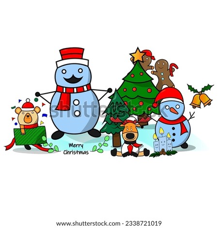 Snow man, snow deer, bear, gingerbread man and Christmas trees together, background image