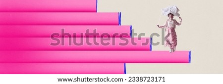 Old and new. Graph. Banner of realistic economy diagram with old fashion woman who staying on it. 3d painted pink figures. Concept of abstract, economy, study, ad.
