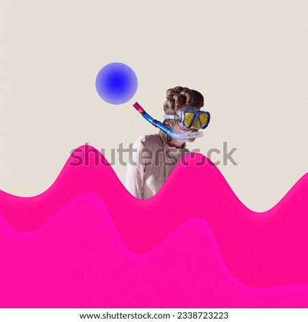 Contemporary arwork of young lady with hairstyle in underwater mask of snorkel swims in bright neon pink waves. Concept of hobby, lifestyle, abstract, people and ad.