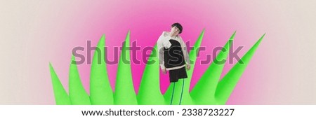 Contemporary artwork of dreaming boy in 3d drawing green grass. Concept of mood, lifestyle, childhood, abstract, imagination, fairytale, ad.