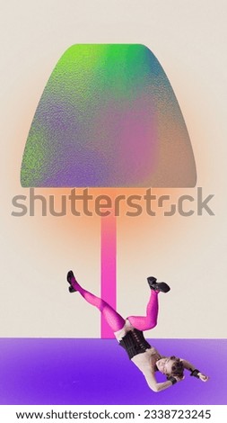 Surrealistic artwork of woman falling under lamp in rainbow color with orange light. Concept of success, lifestyle, abstract, people and ad.