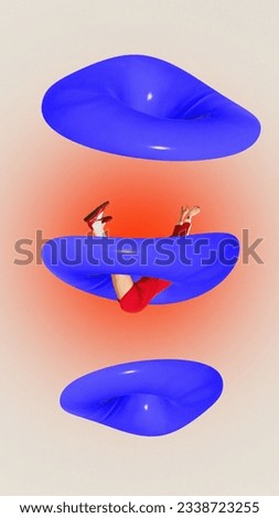 Abstract image of young women falls into 3d neon bright blue portal wholesmashrooms over gradient white red background. Concept of fantasy, imagination, abstract, people and ad.