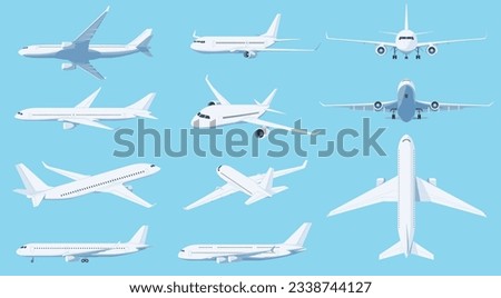 Airplanes in different angles on a blue background. Passenger and cargo air transport. A quick long-distance flight. Vector illustration Royalty-Free Stock Photo #2338744127