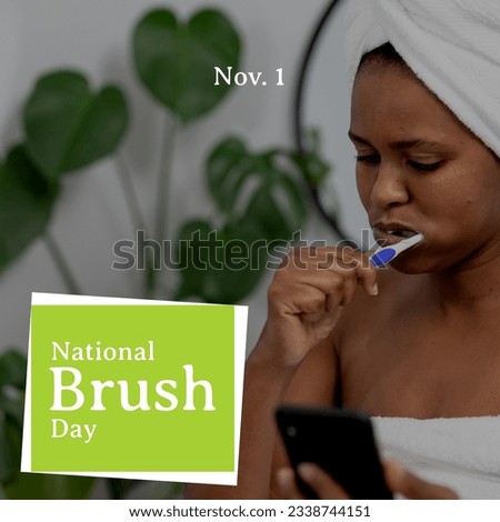Square image of national brush day text with picture african american women brushing teethe. Cmt awareness month campaign.