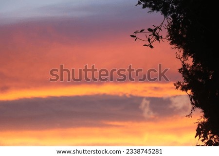 The setting sun colouring clouds vibrant pinks, purples and gold. Stunning sunset. Whimsical wallpaper. Calm photo, relaxing wallpaper. 