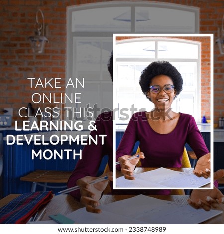 Square image of national learning and development month text with african american women. National learning and development month campaign.