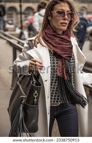 Model Woman in City Street with Black Leather Bag Urban Woman Stylish Street Picture 