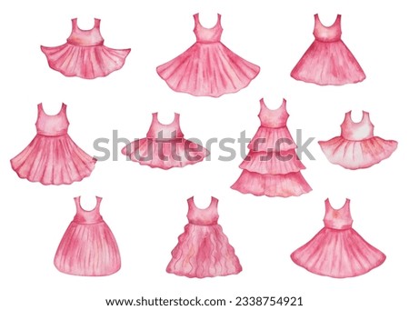 Watercolor set of illustrations. Hand painted pink dresses, sleevless t-shirt and fluffy, flared skirts. Woman's clothes. Girl's wardrobe. Feminine clothing. Isolated fashion clip art for shop banners
