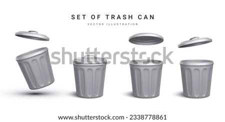 Set of 3d realistic silver trash can on white background. Vector illustration Royalty-Free Stock Photo #2338778861