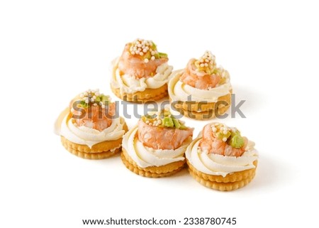 canape with shrimp and avocado on white background for restaurant website 3 Royalty-Free Stock Photo #2338780745