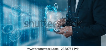 Technology digital online marketing commerce network concept, business hands using digital tablet with AI innovation and marketing strategy interface icons.