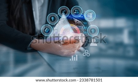 Technology digital online marketing commerce network concept, business hands using digital tablet with AI innovation and marketing strategy interface icons.