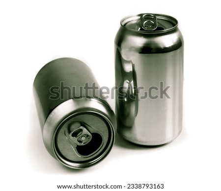 Two aluminum grey cans for beverage. Still-life picture of some metallic containers isolated on white background.