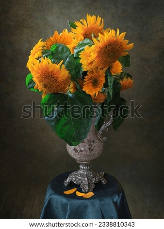 Still life with bouquet of sunflowers