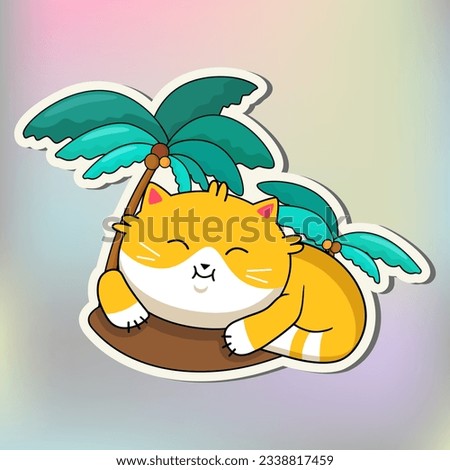 Cute cat in kawaii style. Cartoon the cat is sleeping under palm trees. Vector illustration cat.