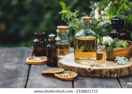 Concept of alternative herbal medicine. Bottles of tincture or potion, organic essential oils, dry healthy herbs, floral extracts on wooden table. Pure natural ingredients for cosmetic production Royalty-Free Stock Photo #2338821715