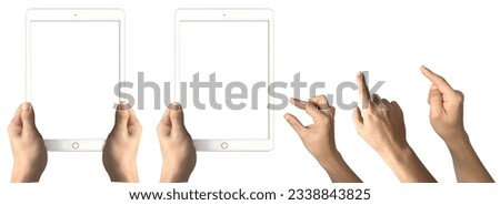 Hand holding of vertical view digital ipad tablet with set of fingers pointing on white background file. Mockup template for artwork design. perspective positions, upright front view