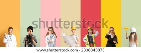Collection of different children dreaming about their future professions on color background Royalty-Free Stock Photo #2338843873