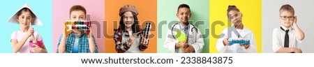 Set of different children dreaming about their future professions on color background Royalty-Free Stock Photo #2338843875