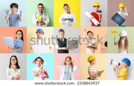 Set of different children dreaming about their future professions on color background Royalty-Free Stock Photo #2338843937