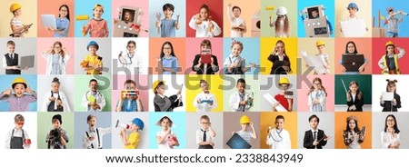 Collage of different children dreaming about their future professions on color background Royalty-Free Stock Photo #2338843949