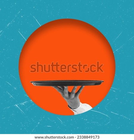 Art collage, the hand with a tray in an orange circle and on blue background with space for advertisement. Concept of serving something on a tray. Royalty-Free Stock Photo #2338849173