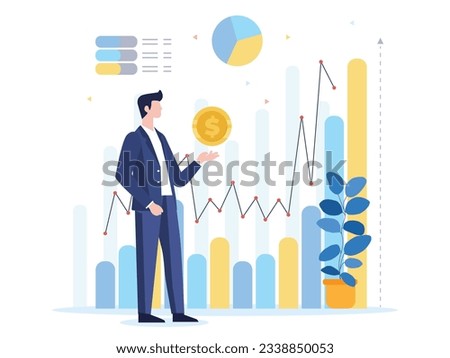 Clear and simple Business Marketing flat people illustration. scene of man standing and part in financial business activity. Trendy flat style people vector on white background.