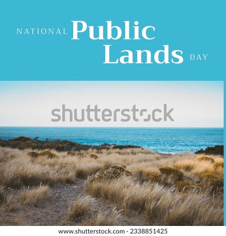 Composition of national public lands day text beach on blue background. National public lands day and celebration concept digitally generated image.