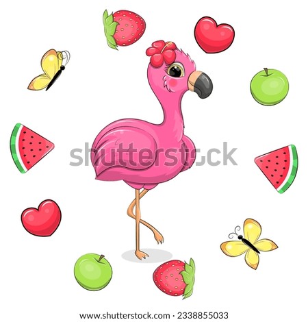 Cute cartoon pink flamingo in a fruit frame. Summer animal vector illustration with apple, strawberry, watermelon, butterfly and heart on white background.