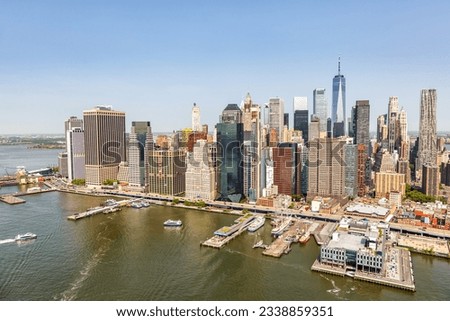 New York City skyline aerial view of Manhattan with World Trade Center skyscraper traveling in the United States