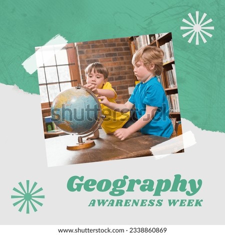Square image of geography awareness week text in green on white and two caucasian boys using globe. American awareness celebration, geography, education and learning concept digitally generated image.