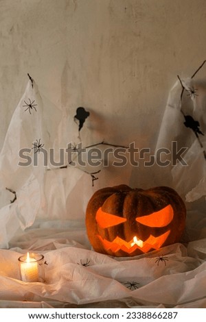 Spooky Jack o lantern carved pumpkin, spider web, ghost, bats and glowing candles in evening. Happy Halloween! Scary atmospheric halloween party decorations, space for text. Trick or treat