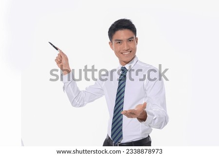 Handsome fashion model.
elegant man wear white shirt with tie with welcome gesture ,holding pin on white background
