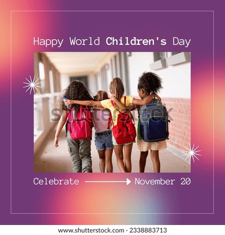 Square image of happy world children's day text in white on purple and orange background. World children's day, rights awareness and celebration concept digitally generated image.