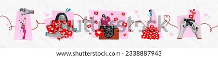 Creative template graphics collage image of funny ladies taking photos getting likes isolated pink color background Royalty-Free Stock Photo #2338887943