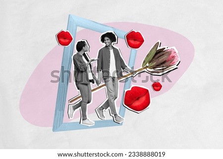 Photo collage artwork picture of dreamy happy couple having date walking photo frame isolated creative background