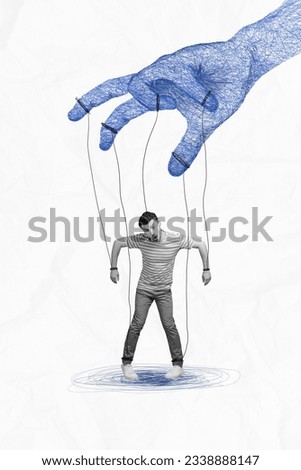 Vertical collage picture of painted big arm fingers hold hanging string black white colors mini guy control manipulation isolated on paper background Royalty-Free Stock Photo #2338888147