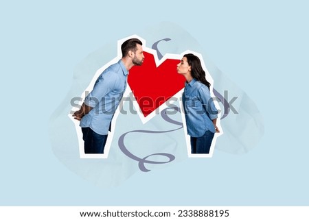 Banner postcard 3d collage magazine of happy enamored people first date sweet kiss enjoy romantic time isolated on blue drawing background