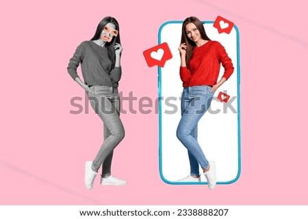 Creative template graphics collage of lady blogger hate her body appearance use retouch application program post beautiful images Royalty-Free Stock Photo #2338888207