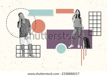 Graphics collage image of smiling lady guy communicating devices empty space isolated pastel colors background