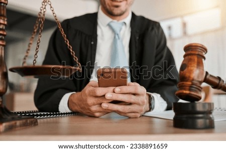 Judge, hands and professional man typing communication, networking or texting legal contact, law firm consultant or advocate. Government lawyer, smartphone and person reading attorney policy update Royalty-Free Stock Photo #2338891659