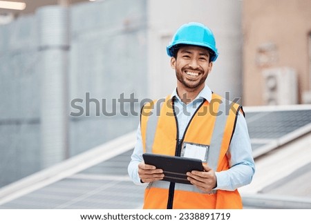 Construction worker, tablet and portrait of man with research and digital data for solar panel installation. Happy, engineer and male contractor with eco and energy project with tech and online plan Royalty-Free Stock Photo #2338891719