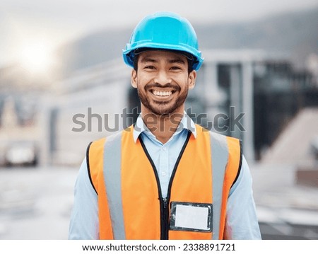 Happy asian man, architect and portrait in city for construction, installation or inspection on rooftop. Male person, engineer or contractor smile for architecture career, building or maintenance Royalty-Free Stock Photo #2338891721