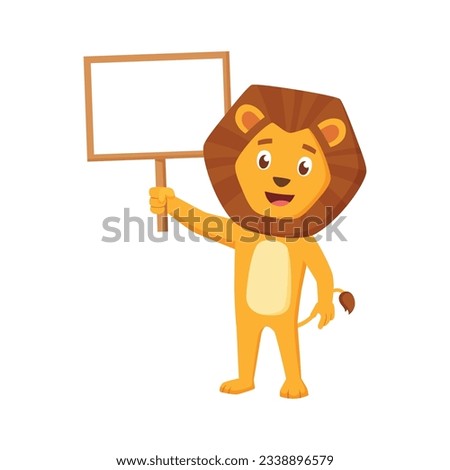 Cute Friendly Lion Holding Up A White Wooden Board Vector Illustration In Cartoon Style . 